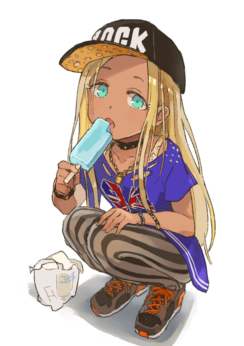 1girl aqua_eyes baseball_cap blonde_hair bracelet chain choker clothes_writing dark_skin eating food from_above hat highres ice_cream idolmaster idolmaster_cinderella_girls jewelry layla_(idolmaster) lock long_hair looking_at_viewer looking_up madaragi necklace open_mouth padlock pants popsicle shoes sneakers solo squatting striped vertical-striped_pants vertical_stripes