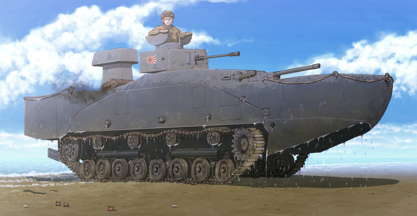 1boy beach blue_sky cannon clouds commentary_request crab earasensha ground_vehicle gun imperial_japanese_navy machine_gun military military_vehicle motor_vehicle ocean real_life sand sky soldier tank turret type_5_to-ku weapon world_war_ii