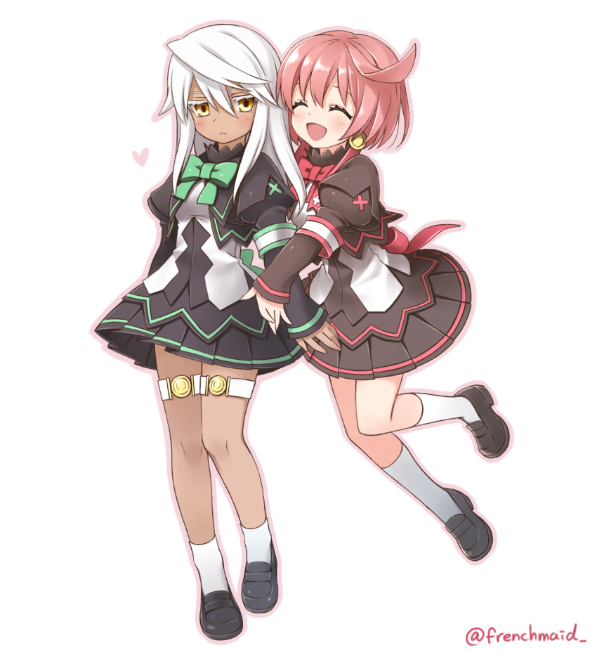 2girls :&lt; ^_^ ahoge closed_eyes dark_skin earrings elphelt_valentine french_maid guilty_gear heart highres hug jewelry looking_at_viewer multiple_girls open_mouth pink_hair pleated_skirt ramlethal_valentine ribbon siblings sisters skirt sleeves_past_wrists thigh_strap twitter_username white_hair yellow_eyes younger