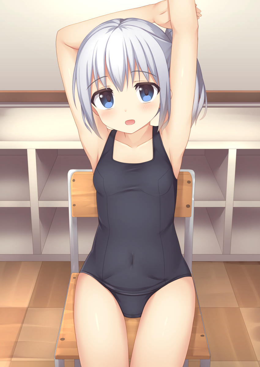 1girl armpits arms_up black_school_swimsuit blue_eyes chair classroom covered_navel highres long_hair old_school_swimsuit one-piece_swimsuit open_mouth original school_swimsuit side_ponytail silver_hair sitting smile solo swimsuit thigh_gap thighs