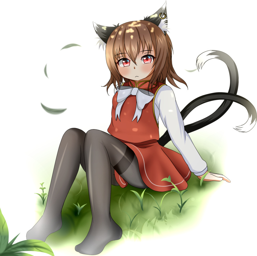 1girl :&lt; animal_ears black_legwear blush brown_hair cat_ears cat_tail chen dappled_sunlight frown grass grey_legwear head_tilt highres jewelry knees_up long_sleeves looking_at_viewer michaelangelo_salvoropartanen miniskirt multiple_tails no_hat no_headwear no_shoes pantyhose red_eyes ribbon short_hair simple_background single_earring sitting skirt skirt_set solo sunlight tail thighband_pantyhose touhou white_background