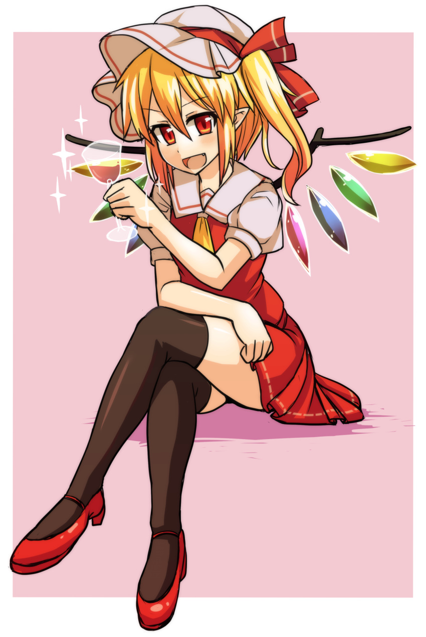 &gt;:d 1girl :d ambiguous_red_liquid ascot blonde_hair blush commentary crossed_legs cup drinking_glass fang flandre_scarlet hat high_heels highres leaning_forward looking_at_viewer miniskirt mob_cap open_mouth pink_background pointy_ears red_eyes red_shoes shoes short_hair simple_background skirt smile solo sparkle tanakara thigh-highs touhou wine_glass wings