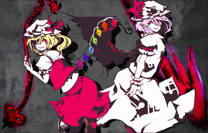 2girls blonde_hair bow commentary_request crystal dress flandre_scarlet grey_background grin gungnir_(weapon) hat hat_bow laevatein lavender_hair long_hair looking_at_viewer mob_cap multiple_girls polearm red_bow red_eyes remilia_scarlet siblings side_ponytail sisters skirt smile spear tabazi touhou weapon whorled_hair wings wrist_cuffs