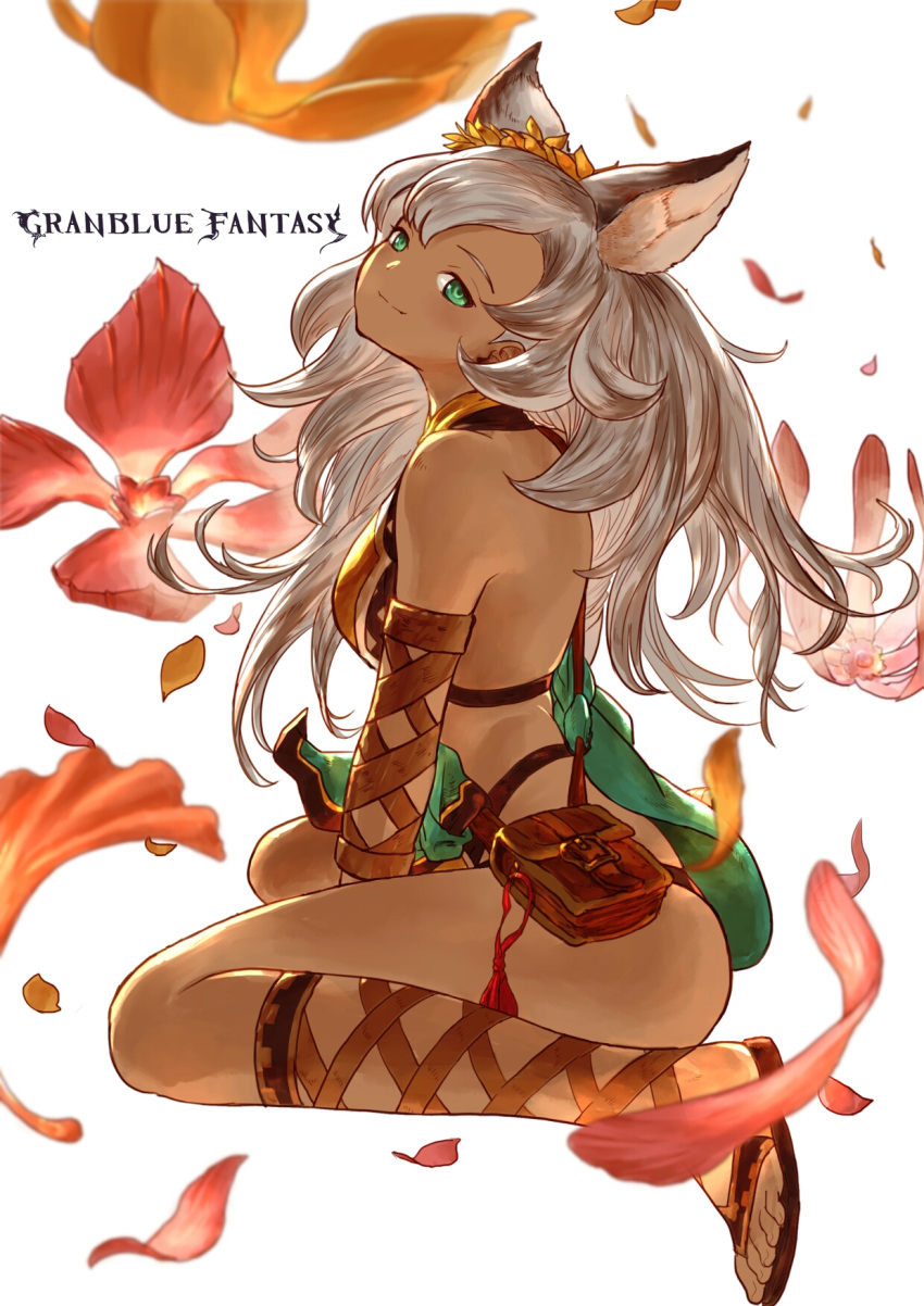 1girl animal_ears black_gloves breasts dark_skin erun_(granblue_fantasy) flower from_side gloves granblue_fantasy green_eyes hair_flower hair_ornament head_tilt highres light_brown_hair long_hair looking_at_viewer nemone nemoto_yuuma sideboob sitting smile wavy_hair