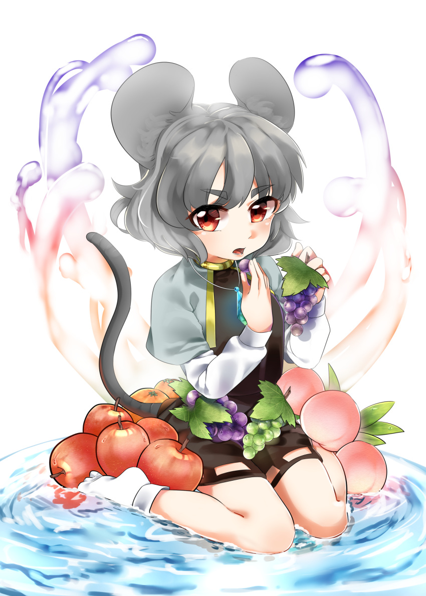1girl absurdres animal_ears apple black_skirt bobby_socks capelet eating eyebrows eyebrows_visible_through_hair food fruit grapes grey_hair highres iirodo in_water jewelry long_sleeves looking_at_viewer mouse_ears mouse_tail nazrin no_shoes open_mouth orange peach pendant red_eyes short_hair sitting skirt socks solo tail touhou wariza white_background