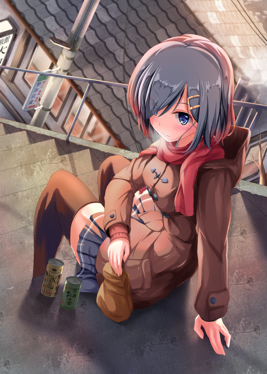 1girl alternate_costume blue_eyes blush breasts brown_jacket brown_legwear buttons closed_mouth commentary_request eyebrows eyebrows_visible_through_hair eyes_visible_through_hair grey_hair hair_ornament hair_over_one_eye hairclip hamakaze_(kantai_collection) highres kantai_collection long_sleeves maimu_(gol-em-1226) medium_breasts miniskirt red_scarf scarf sitting skirt solo window