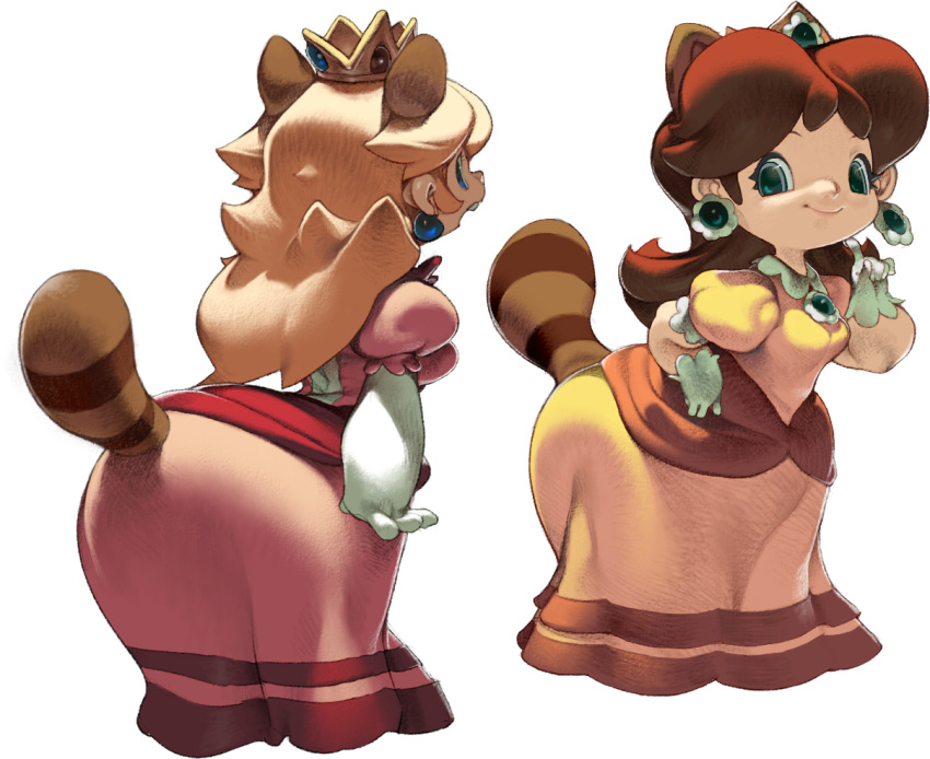 2girls animal_ears blonde_hair blue_eyes brown_hair crown dress earrings gloves jewelry koki_(ryoushikiha) long_hair super_mario_bros. multiple_girls princess_daisy princess_peach raccoon_ears raccoon_tail super_mario_bros. tail