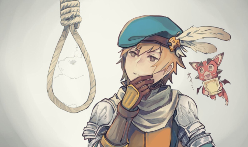 1boy :3 :d alternate_costume animal artist_request bangs beret blue_hat brown_eyes brown_gloves chin_stroking dragon eyebrows eyebrows_visible_through_hair gloves gran_(granblue_fantasy) granblue_fantasy grey_background hair_between_eyes hand_on_own_chin hand_on_own_face hat hat_feather hawkeye_(granblue_fantasy) light_brown_hair meme noose open_mouth photo_reference rabbit rope scarf short_hair shoulder_pads smile solo source_request thinking translated upper_body vee_(granblue_fantasy) white_scarf