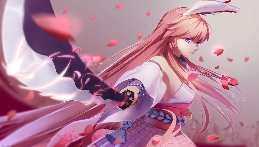 1girl animal_ears bangs bare_shoulders benghuai_xueyuan blue_eyes closed_mouth fox_ears hair_between_eyes highres holding holding_sword holding_weapon honkai_(series) honkai_impact_3rd japanese_clothes jewelry katana long_hair looking_at_viewer miko necklace petals pink_skirt skirt solo sword weapon yae_sakura yae_sakura_(gyakushinn_miko) yuuta_(806350354)
