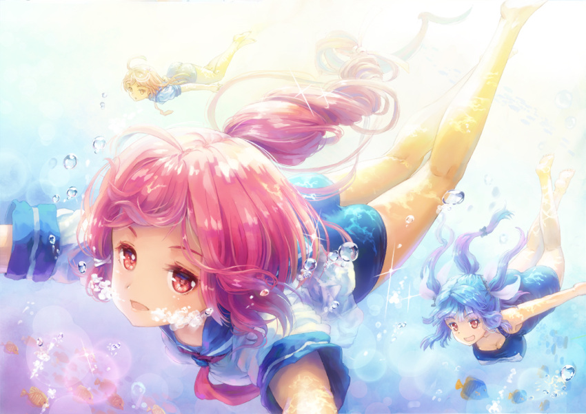 3girls air_bubble barefoot blue_hair breath bubble fish freediving holding_breath i-168_(kantai_collection) i-19_(kantai_collection) i-58_(kantai_collection) kantai_collection miyai_haruki multiple_girls name_tag one-piece_swimsuit pink_hair ponytail red_eyes redhead school_swimsuit school_uniform serafuku short_hair swimming swimsuit swimsuit_under_clothes twintails underwater