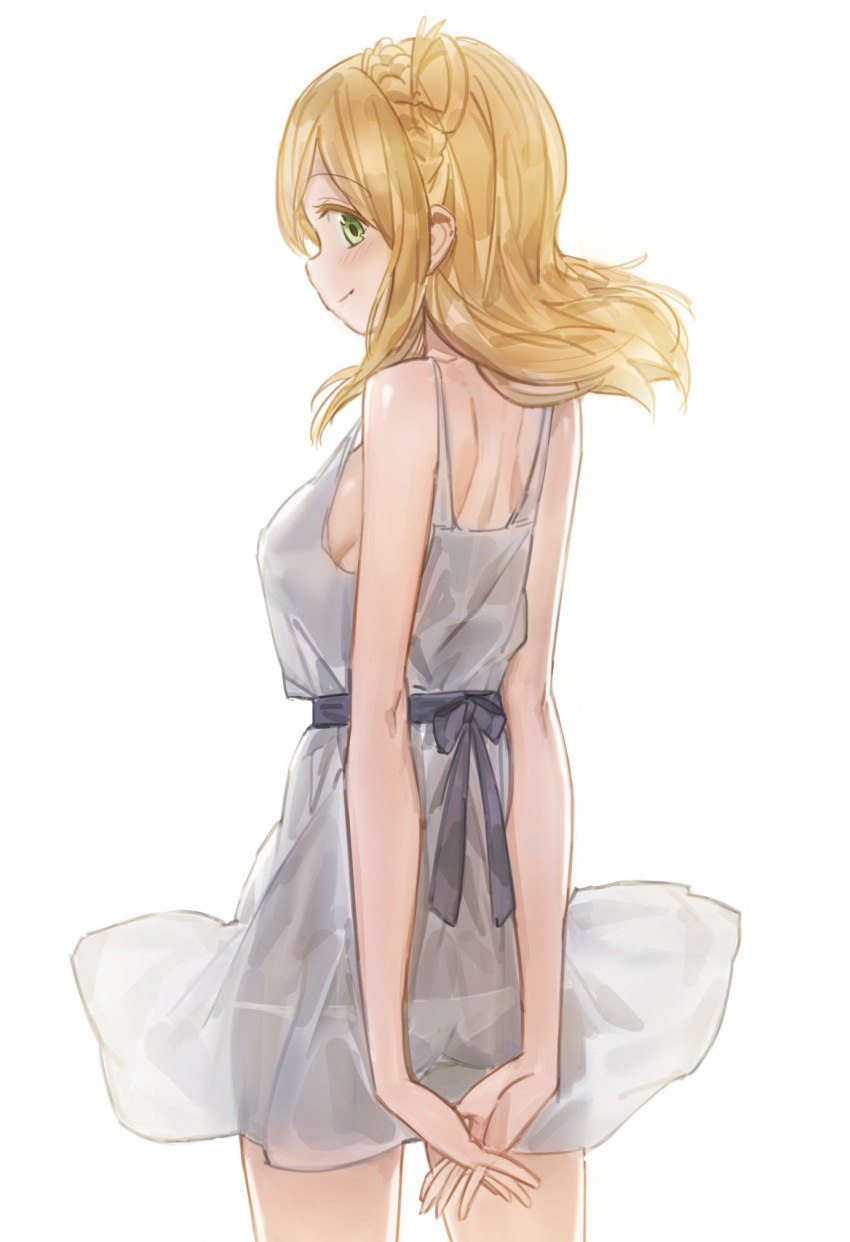 1girl ass bangs blonde_hair braid closed_mouth cowboy_shot crown_braid dress from_behind grey_dress hair_rings hands_together highres interlocked_fingers long_hair looking_at_viewer looking_back love_live! love_live!_sunshine!! ohara_mari panties profile sash see-through simple_background smile solo sundress underwear white_background white_panties yellow_eyes yohan1754