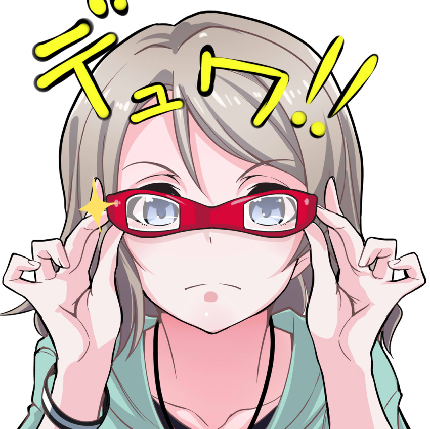 1girl adjusting_glasses bangs bespectacled blue_eyes blush closed_mouth collarbone frown glasses grey_hair hair_between_eyes jewelry kurihara_kenshirou love_live! love_live!_sunshine!! necklace short_hair simple_background solo ultra_eye ultra_series ultra_seven_(series) watanabe_you white_background wristband