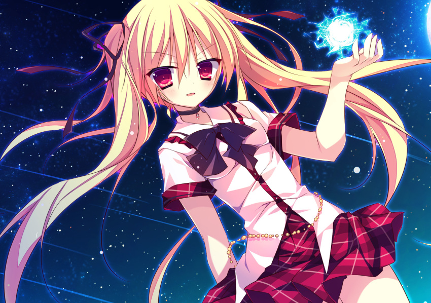 1girl black_bow blonde_hair bow bowtie character_request collar eyebrows eyebrows_visible_through_hair hair_between_eyes hair_ribbon highres lamunation long_hair looking_at_viewer night outdoors pleated_skirt red_ribbon red_skirt ribbon ringonotane skirt solo twintails