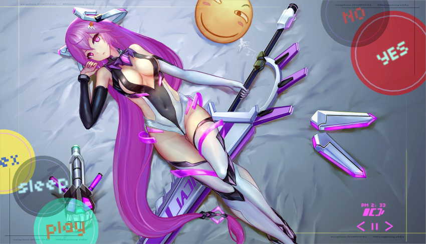 1girl 300_heroes breasts cleavage detached_sleeves elbow_gloves gloves headgear large_breasts leotard long_hair lying mismatched_gloves on_back purple_hair single_elbow_glove solo thigh-highs violet_eyes wangchuan_de_quanyan weapon
