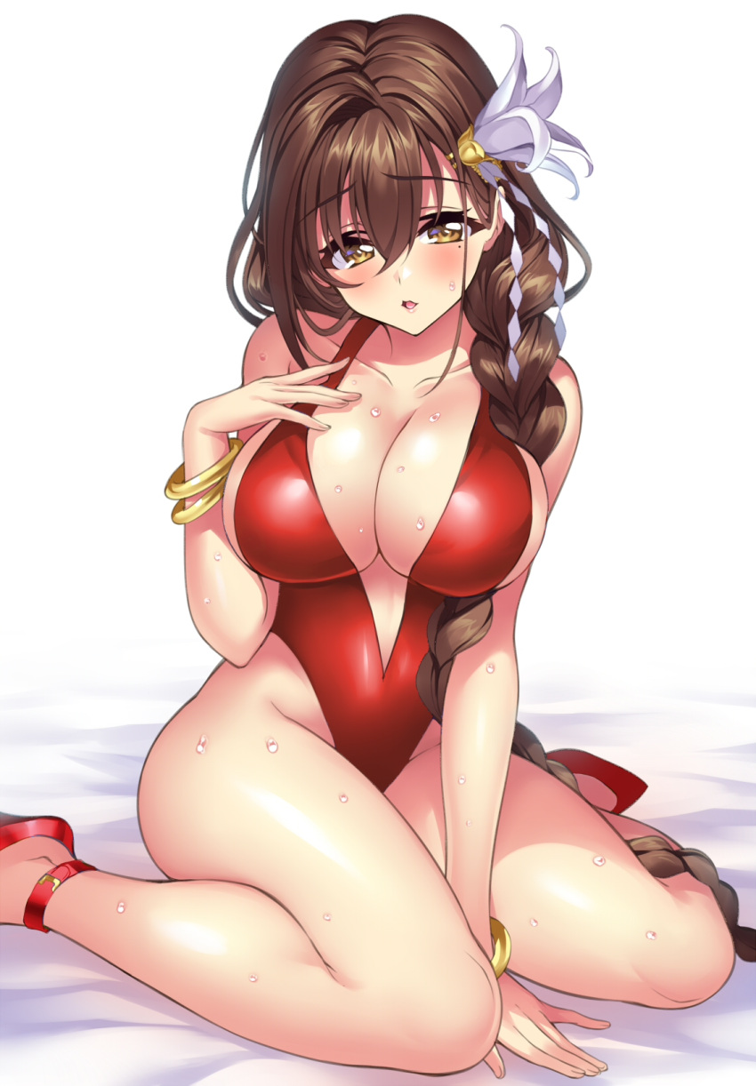 1girl ankle_strap bangle bed_sheet blush bracelet braid breasts brown_eyes brown_hair casual_one-piece_swimsuit collarbone flower gan_(shanimuni) hair_flower hair_ornament hair_over_shoulder highres jewelry kanpani_girls large_breasts long_hair looking_at_viewer mole mole_under_eye one-piece_swimsuit open_mouth red_swimsuit shirayuri_sakura shoes single_braid sitting solo strappy_heels swimsuit thighs very_long_hair wariza