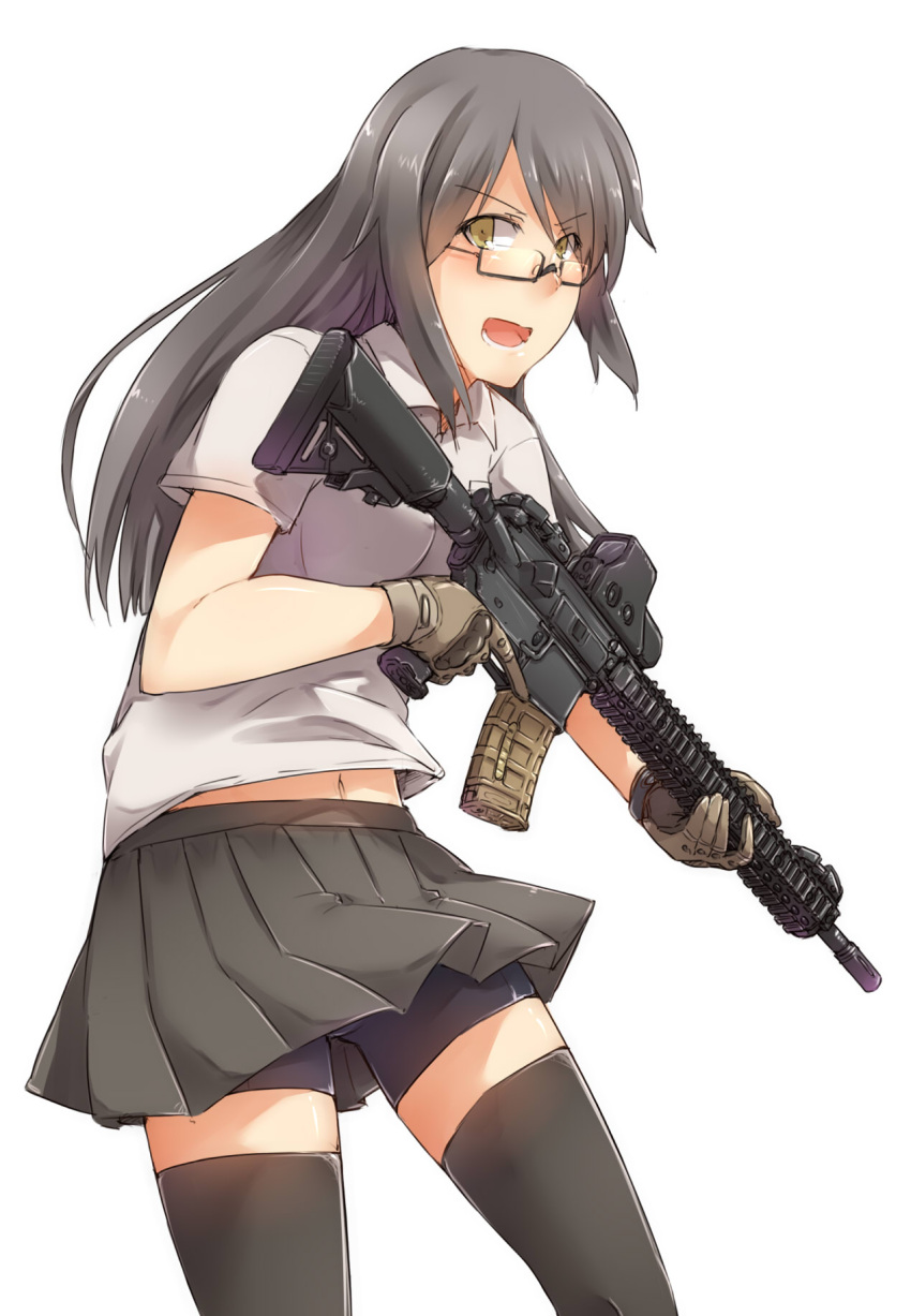 1girl ass_visible_through_thighs ayyh bike_shorts black_hair brown_eyes contrapposto gloves gun highres looking_to_the_side navel shorts_under_skirt simple_background thigh-highs trigger_discipline weapon white_background