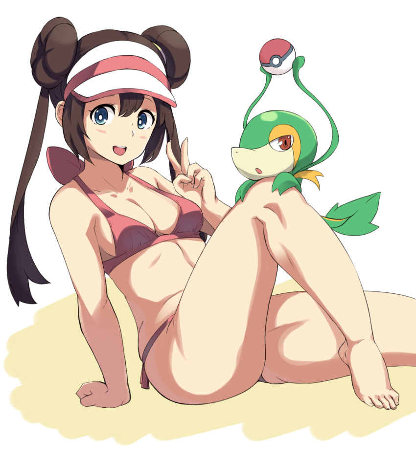 1girl bikini blue_eyes breasts brown_hair cleavage double_bun hair_bun highres looking_at_viewer mei_(pokemon) moisture_(chichi) open_mouth poke_ball pokemon pokemon_(creature) pokemon_(game) pokemon_bw2 small_breasts snivy swimsuit twintails v visor_cap