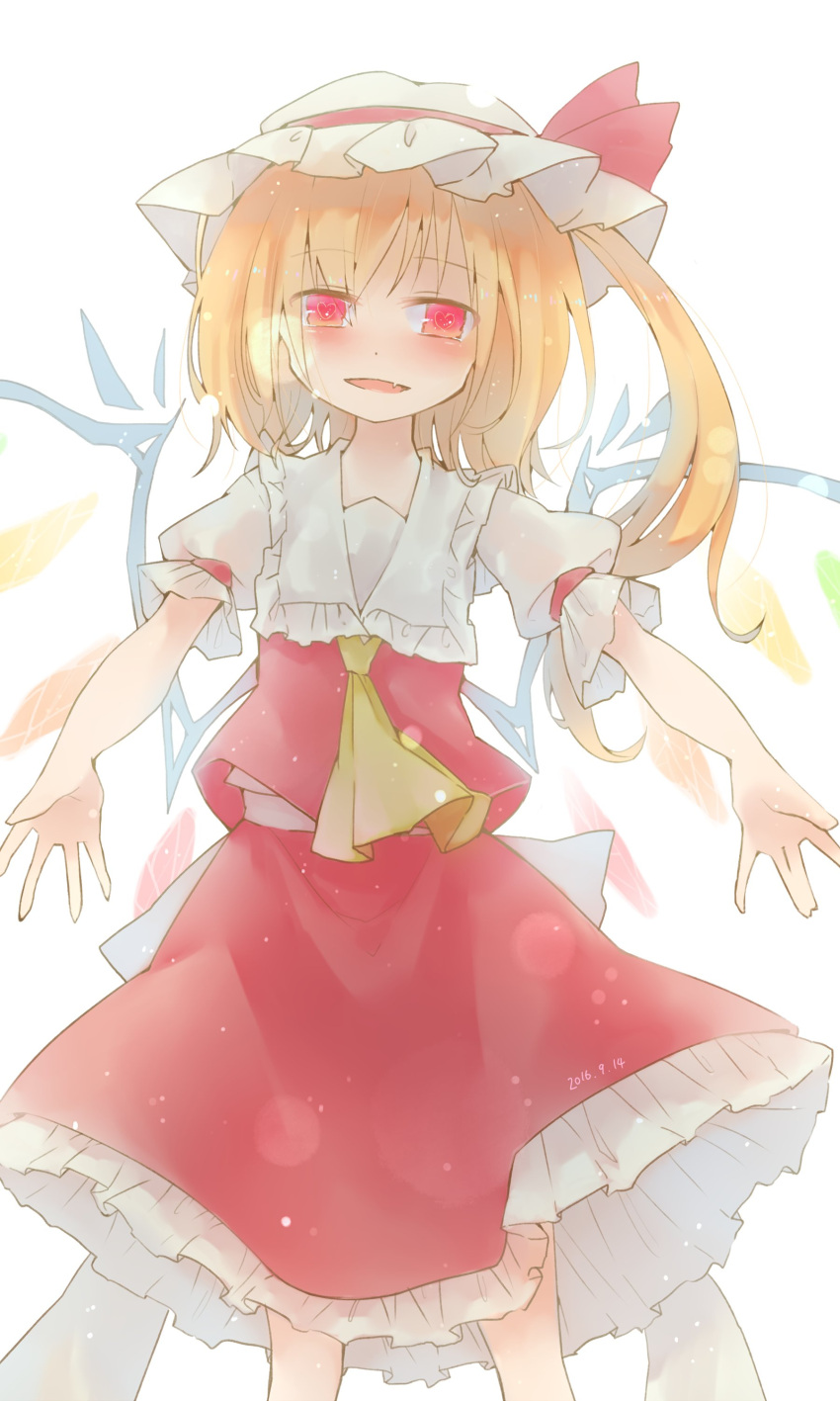 1girl absurdres ascot blonde_hair bow crystal dress fang flandre_scarlet frilled_skirt frills hat hat_bow hat_ribbon heart heart-shaped_pupils highres kaniba mob_cap puffy_short_sleeves puffy_sleeves red_dress red_eyes ribbon short_sleeves side_ponytail skirt skirt_set solo symbol-shaped_pupils touhou wings