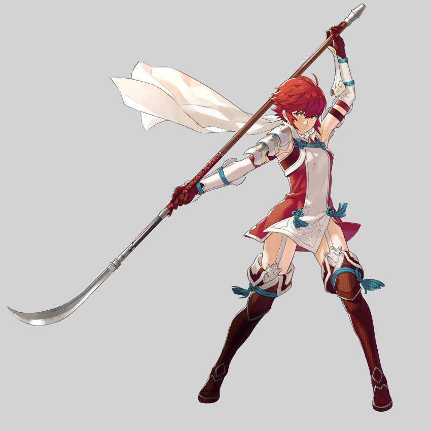 1girl absurdres armor boots dress fire_emblem fire_emblem_if garter_straps gloves highres hinoka_(fire_emblem_if) holding holding_weapon kozaki_yuusuke naginata official_art orange_eyes pauldrons polearm redhead scarf serious short_hair simple_background solo thigh-highs thigh_boots weapon zettai_ryouiki