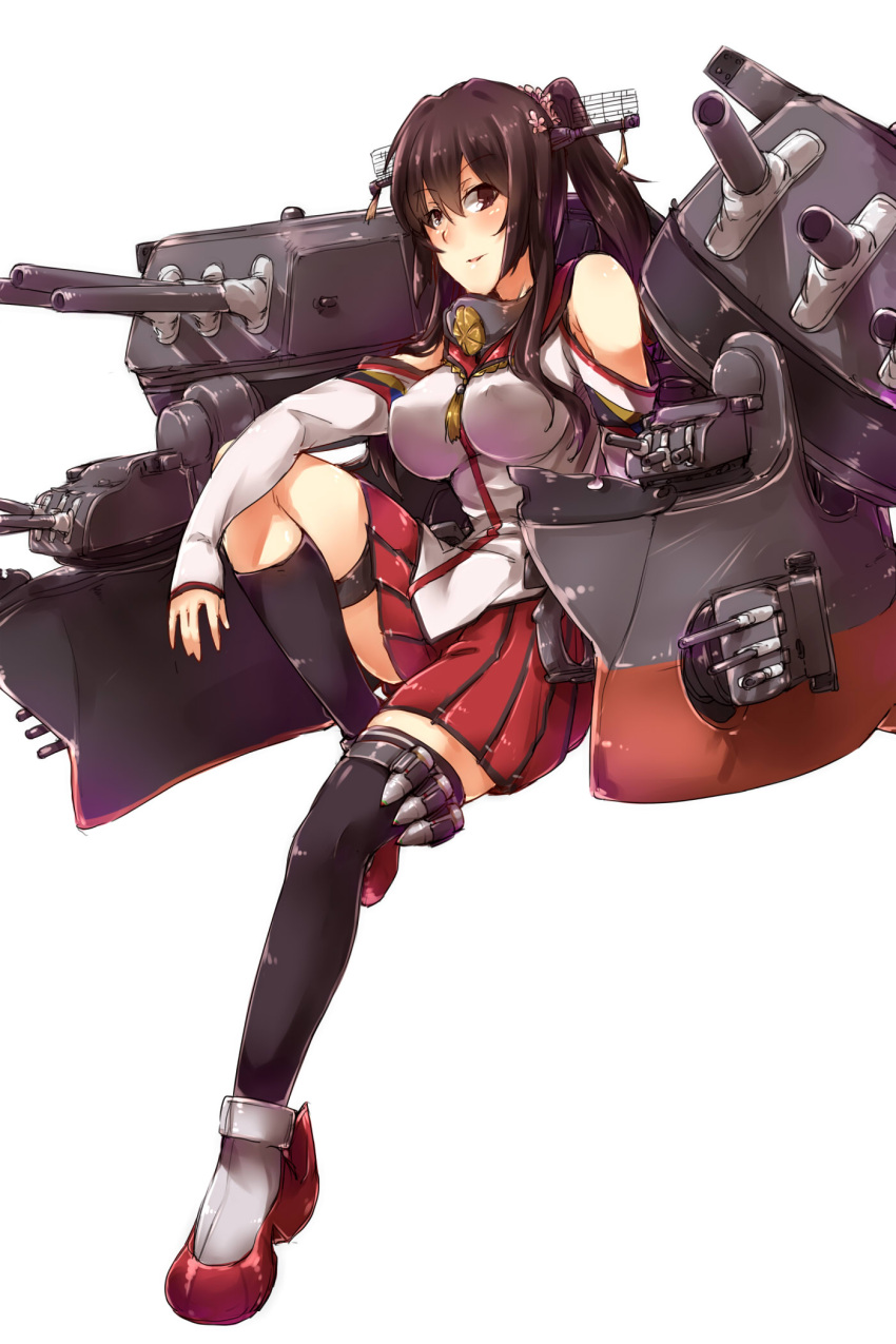 1girl ammunition anchor arm_rest ayyh bare_shoulders black_legwear breasts brown_eyes brown_hair cannon cherry_blossoms collar covered_nipples detached_sleeves flower hair_flower hair_ornament headgear highres kantai_collection kikumon kneehighs large_breasts leg_up long_hair machinery miniskirt pleated_skirt ponytail red_skirt rudder_shoes simple_background single_kneehigh single_thighhigh sitting skirt solo thigh-highs thigh_strap turret white_background yamato_(kantai_collection)