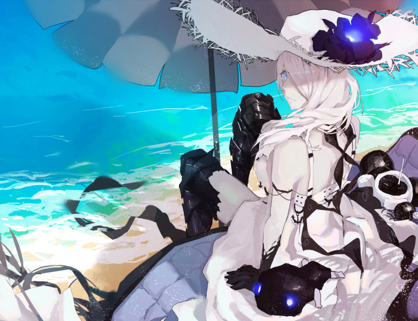 1girl arm_support armor armored_boots bad_id bare_shoulders beach beach_umbrella black_gloves black_legwear blue_eyes boots breasts dress flower from_behind gloves glowing glowing_eyes hair_over_one_eye hat hat_flower kantai_collection large_breasts light_smile long_hair looking_at_viewer ocean seaport_summer_hime shinkaisei-kan sitting sun_hat sundress thigh-highs thigh_boots umbrella white_dress white_hair white_hat white_skin