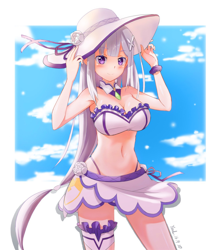 1girl adapted_costume arms_up artist_name bare_shoulders bikini bikini_skirt blue_sky blush breasts cleavage clouds dated detached_collar elf emilia_(re:zero) flower hair_flower hair_ornament hands_on_headwear hat hat_ribbon highres large_breasts long_hair looking_at_viewer low-tied_long_hair navel pointy_ears purple_bikini_bottom purple_ribbon re:zero_kara_hajimeru_isekai_seikatsu ribbon scrunchie signature silver_hair skirt sky smile solo string_bikini sun_hat swimsuit tagme very_long_hair violet_eyes wrist_scrunchie youl