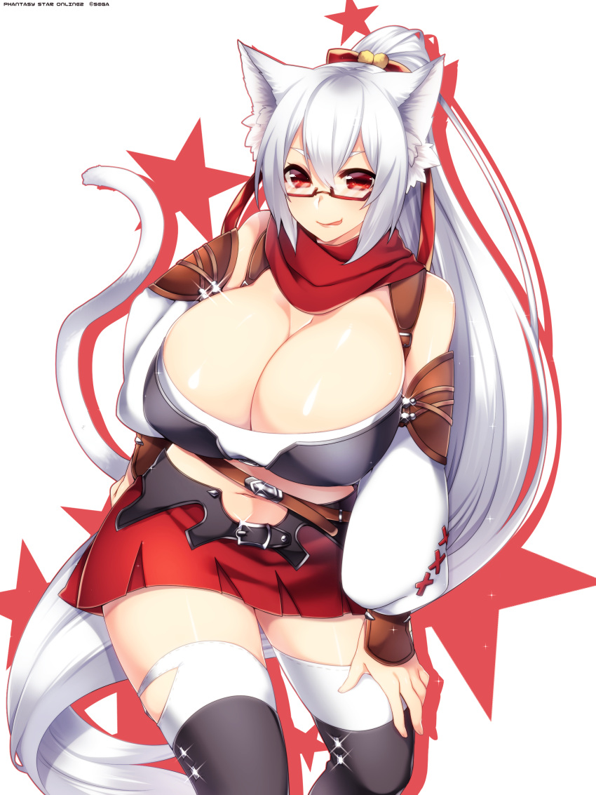 :p absurdres animal_ears breasts cat_ears cat_tail cleavage detached_sleeves final_fantasy final_fantasy_xiv glasses high_ponytail highres huge_breasts long_hair miniskirt navel phantasy_star phantasy_star_online_2 red_eyes red_skirt scarf silver_hair skirt tail thigh-highs tongue tongue_out very_long_hair wide_hips yutazou