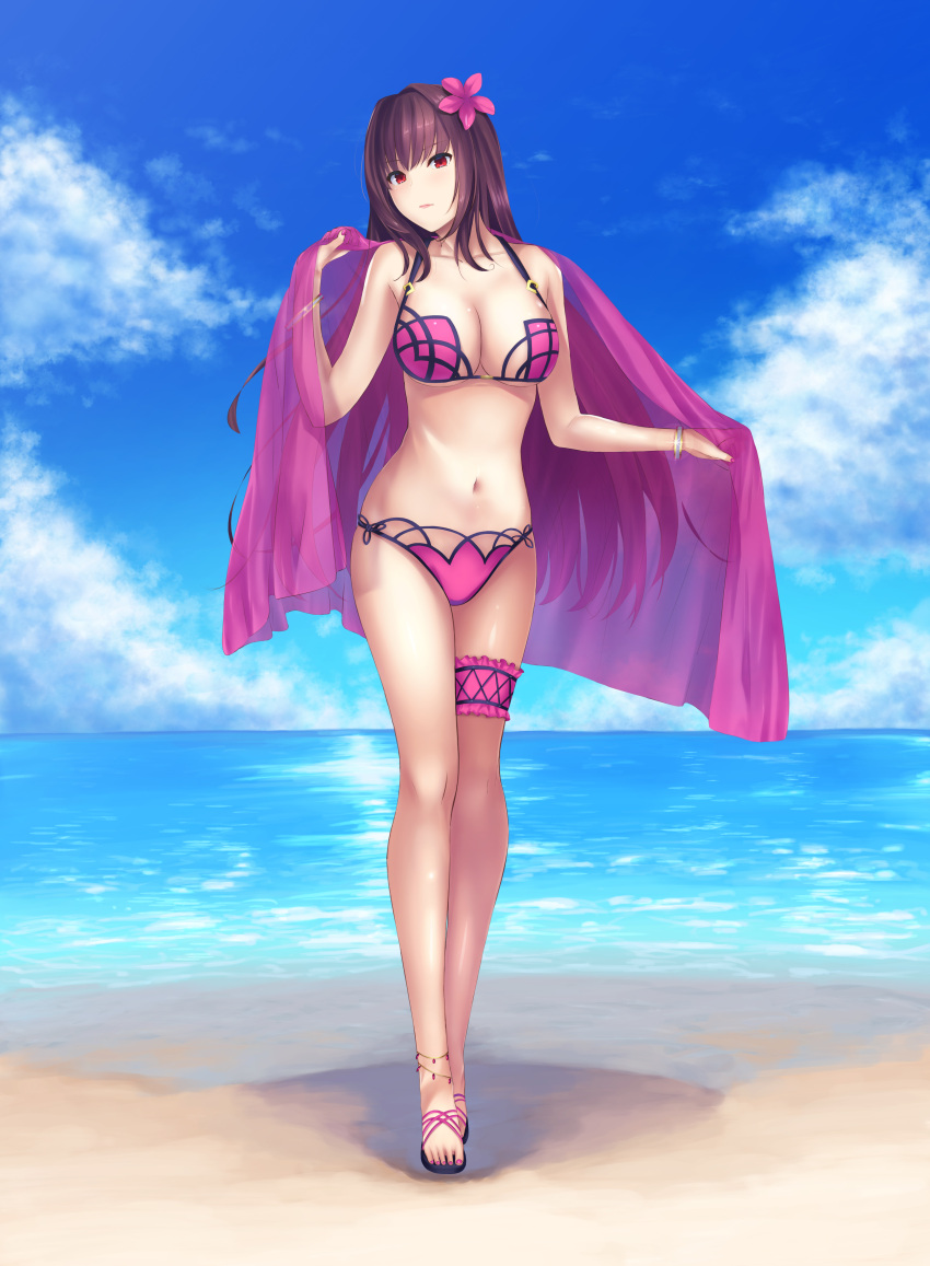 1girl absurdres anklet beach bikini blue_sky bracelet breasts cleavage clouds cloudy_sky collarbone day fate/grand_order fate_(series) flower full_body hair_flower hair_ornament highres horizon jewelry large_breasts legs_together long_hair looking_at_viewer nail_polish navel ocean pedicure purple_bikini purple_flower purple_hair purple_nails red_eyes sand sandals scathach_(fate/grand_order) sky solo sparkle standing stomach swimsuit takinashi_(friend_coffee) thigh_strap under_boob water