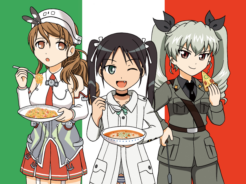 3girls anchovy bangs black_hair black_shirt blouse blue_panties bowl brown_eyes brown_hair choker commentary commentary_request cowboy_shot detached_sleeves dress_shirt drill_hair flag_background food fork francesca_lucchini girls_und_panzer green_eyes green_hair grey_jacket grey_pants hair_ribbon highres holding holding_food hoshino_banchou italian_flag italy jacket kantai_collection littorio_(kantai_collection) long_hair long_sleeves looking_at_viewer military military_uniform miniskirt multiple_girls necktie no_pants no_pupils open_mouth panties pants parted_lips pasta pizza pleated_skirt red_eyes red_skirt ribbon riding_crop risotto shirt shoulder_belt side-by-side skirt sleeveless smile spoon standing strike_witches striped striped_panties trait_connection twin_drills twintails underwear uniform white_blouse white_jacket world_witches_series