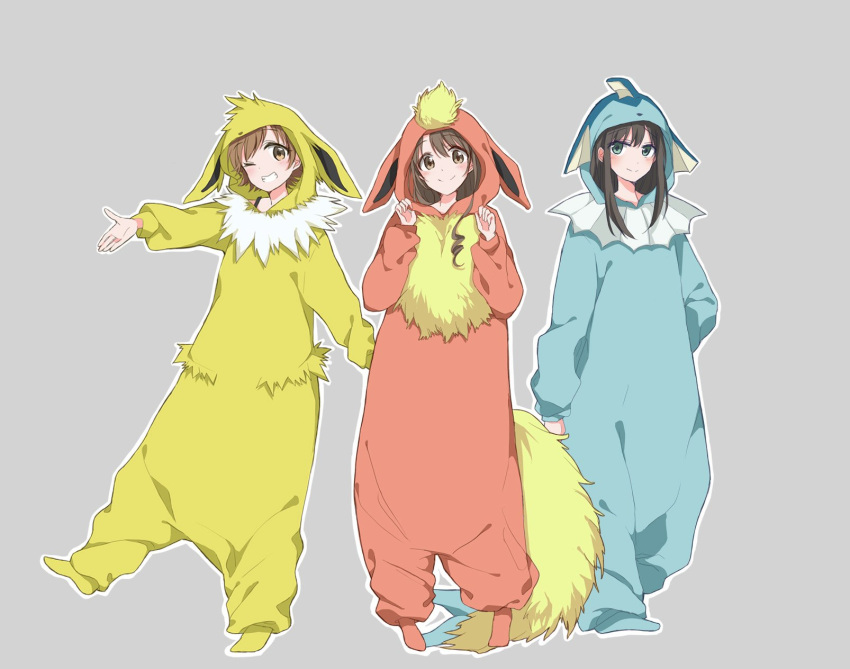 3girls animal_costume azuko_(ampenm) brown_eyes brown_hair cosplay flareon flareon_(cosplay) full_body green_eyes highres honda_mio idolmaster idolmaster_cinderella_girls jolteon jolteon_(cosplay) kigurumi long_hair looking_at_viewer multiple_girls new_generations pokemon shibuya_rin shimamura_uzuki short_hair simple_background smile vaporeon vaporeon_(cosplay)