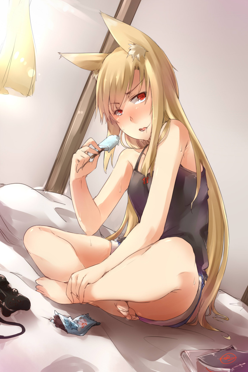 1girl animal_ears ayyh bare_shoulders barefoot bed blonde_hair collarbone controller cushion game_controller gamepad highres indoors popsicle red_eyes shorts sitting solo