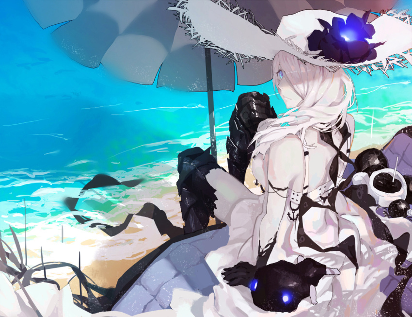 1girl arm_support armor armored_boots bad_id bare_shoulders beach beach_umbrella black_gloves black_legwear blue_eyes boots breasts dress flower from_behind gloves glowing glowing_eyes hair_over_one_eye hat hat_flower kantai_collection kuroduki large_breasts light_smile long_hair looking_at_viewer ocean seaport_summer_hime shinkaisei-kan sitting sun_hat sundress thigh-highs thigh_boots umbrella white_dress white_hair white_hat white_skin