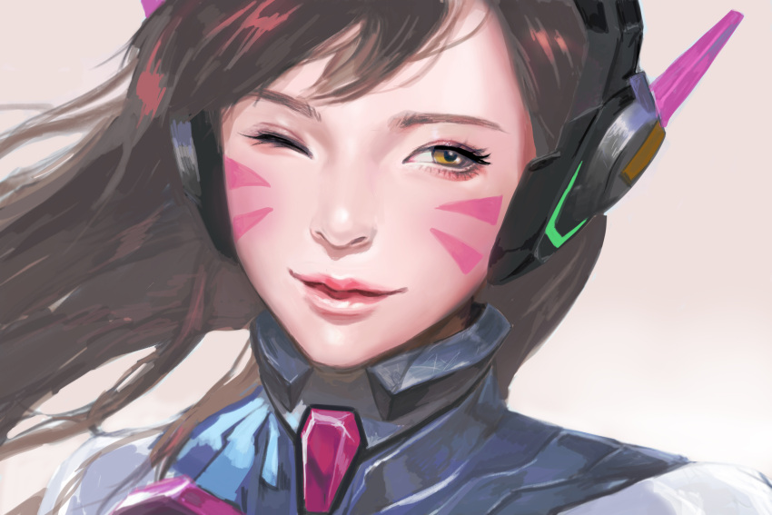 1girl bangs barksal bodysuit d.va_(overwatch) eyelashes face facepaint facial_mark headphones high_collar highres nose overwatch parted_lips pauldrons pilot_suit pink_lips ribbed_bodysuit shoulder_pads solo swept_bangs whisker_markings