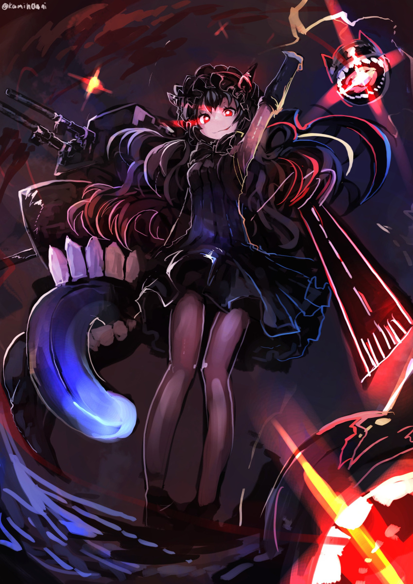 1girl absurdres arm_up black_clothes black_dress black_hair black_hat blue_tongue cannon dress full_body hat highres isolated_island_oni kaamin_(mariarose753) kantai_collection looking_at_viewer pantyhose red_eyes shinkaisei-kan smirk solo tongue tongue_out