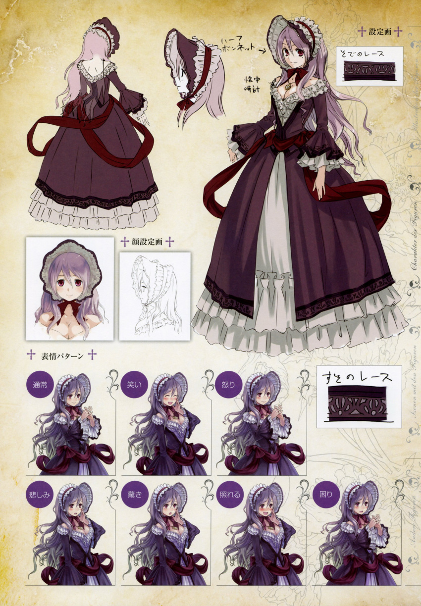 1girl absurdres atelier_(series) atelier_rorona blush bonnet bow breasts cleavage concept_art detached_sleeves dress frills highres jewelry kishida_mel long_hair long_sleeves mole necklace official_art open_mouth pamela_ibiss red_eyes simple_background victorian