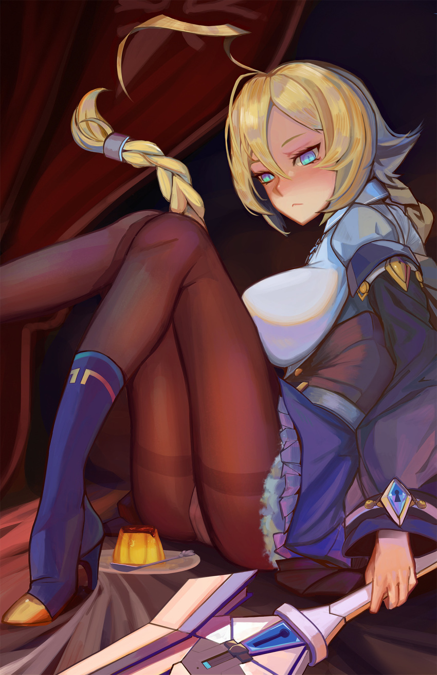 1girl :&lt; ahoge black_legwear blazblue blazblue:_central_fiction blonde_hair blue_boots blue_eyes blue_skirt blush boots braid breasts closed_mouth crotch_seam curtains es_(xblaze_code:_embryo) expressionless food frilled_skirt frills godsh0t high_heel_boots high_heels highres holding holding_sword holding_weapon long_hair long_sleeves medium_breasts panties panties_under_pantyhose pantyhose plate pudding single_braid skirt solo spoon sword thighband_pantyhose underwear unsheathed very_long_hair weapon white_panties xblaze_code:_embryo