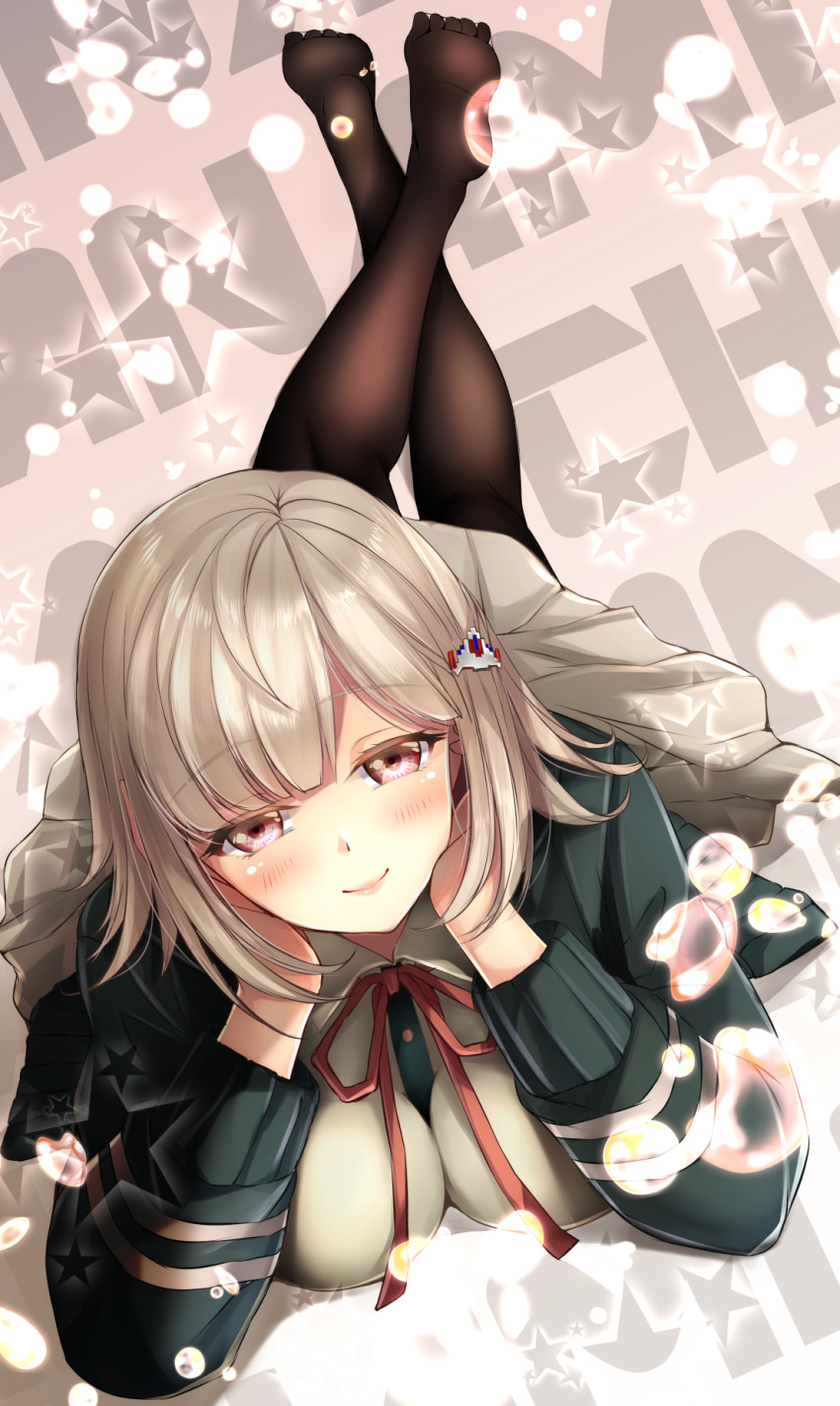 1girl arm_support black_legwear blush bubble dangan_ronpa dangan_ronpa_3 flipped_hair glowing hair_ornament hairclip highres hood hoodie looking_at_viewer lying mia_(gute-nacht-07) nanami_chiaki on_stomach pantyhose pink_eyes pink_hair school_uniform short_hair smile solo sparkle star