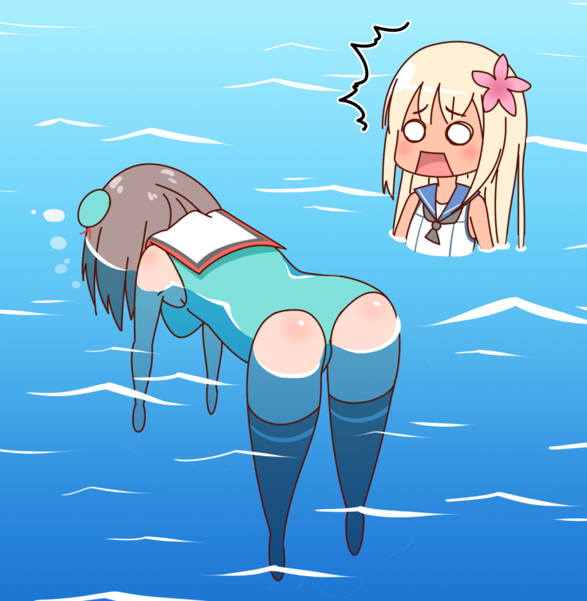 2girls adapted_costume aqua_swimsuit ass blank_stare blonde_hair breasts brown_hair deformed floating highres kantai_collection maya_(kantai_collection) medium_breasts multiple_girls one-piece_swimsuit ro-500_(kantai_collection) school_swimsuit sketch swimsuit tan thigh-highs water yasuto_(eria151)