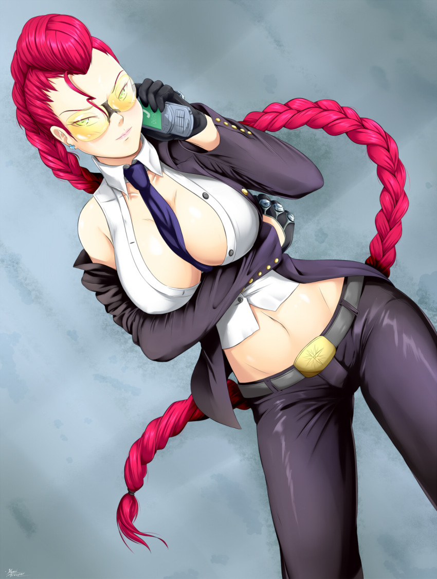 1girl between_breasts black_gloves braid breasts cellphone cleavage crimson_viper gloves green_eyes highres large_breasts long_hair looking_at_viewer midriff navel necktie necktie_between_breasts phone pompadour redhead smile solo street_fighter street_fighter_iv sunglasses yomitrooper