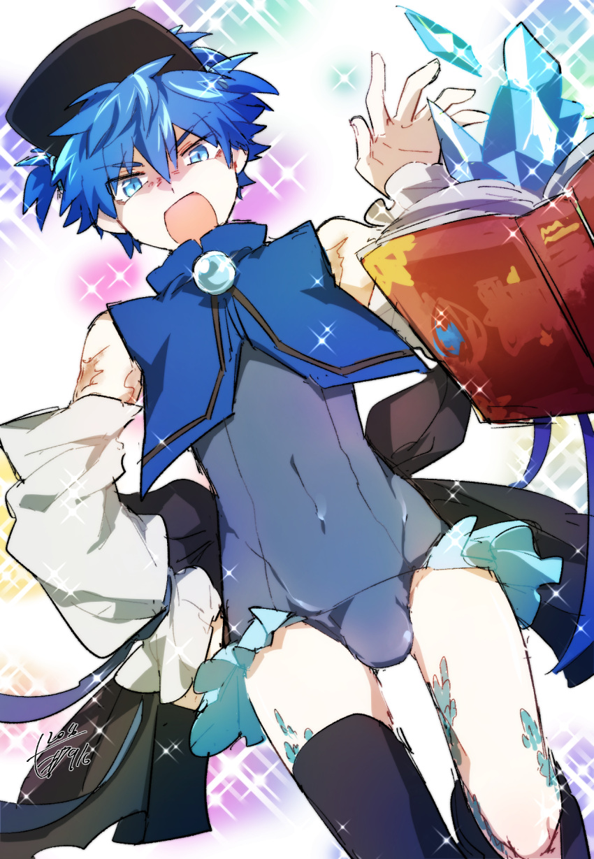 1boy arm_up bare_shoulders blue_eyes blue_hair blue_legwear blue_swimsuit book brooch bulge caster_(fate/extra_ccc) covered_navel cowboy_shot crop_top crossdressinging detached_sleeves dutch_angle fate/extra fate/extra_ccc fate_(series) floating_book frills frostbite hair_tie hand_on_hip highres ice jewelry looking_at_viewer magical_girl minazaka ribbon ribbon_trim scar school_swimsuit short_hair showgirl_skirt solo sparkle_background swimsuit thigh-highs two_side_up visor_cap wide_sleeves
