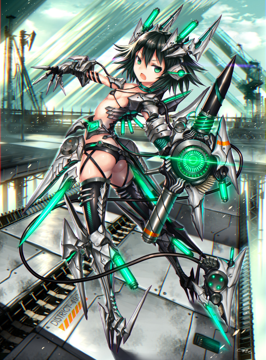 1girl arched_back ass ballet_boots black_hair bridge garter_straps gauntlets gia highres jitome looking_back mecha_musume open_mouth short_hair short_shorts shorts solo thigh-highs