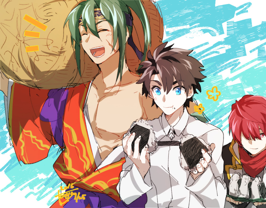 3boys basket belt black_coat black_hair blue_background blue_eyes carrying_over_shoulder closed_eyes collarbone dated eating fate/grand_order fate_(series) food food_on_face fuuma_kotarou_(fate/grand_order) green_hair hair_over_one_eye holding holding_food japanese_clothes kimono long_hair long_sleeves male_protagonist_(fate/grand_order) minazaka multiple_boys off_shoulder onigiri orange_clothes pectorals popped_collar red_eyes red_scarf redhead rice rice_on_face sash scar scarf short_hair sidelocks signature simple_background smile tawara_touta_(fate/grand_order) white_clothes wide_sleeves