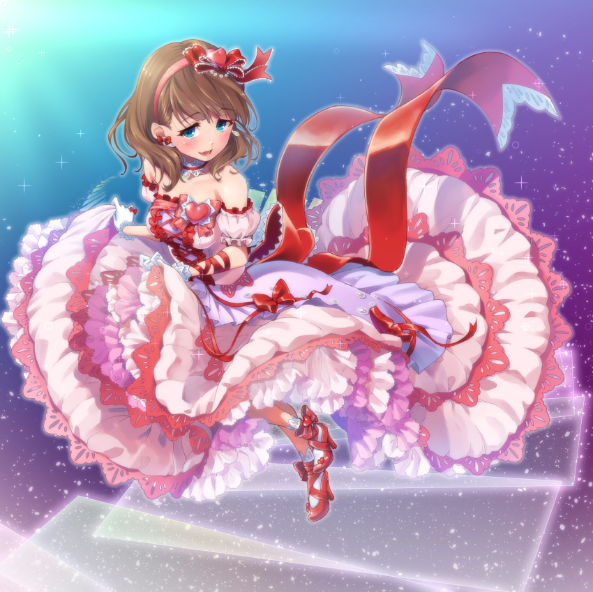 1girl bare_shoulders blue_eyes blush brown_hair dress frilled_dress frills hairband highres idolmaster idolmaster_cinderella_girls idolmaster_cinderella_girls_starlight_stage looking_at_viewer maru_(sara_duke) open_mouth puffy_short_sleeves puffy_sleeves sakuma_mayu short_hair short_sleeves smile solo stairs