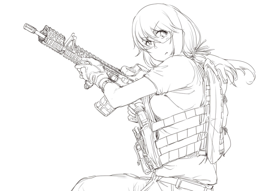 1girl ayyh bulletproof_vest gloves gun lineart long_hair looking_to_the_side rifle safety_glasses solo vest weapon