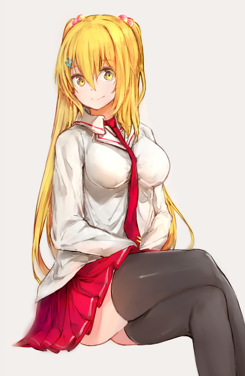 1girl absurdres black_legwear blonde_hair breasts crossed_legs grey_background hair_between_eyes hair_bobbles hair_ornament hairclip highres long_hair looking_at_viewer medium_breasts necktie original pleated_skirt red_necktie school_uniform shirt silver_(chenwen) simple_background sitting sketch skirt smile solo thigh-highs two_side_up white_shirt yellow_eyes