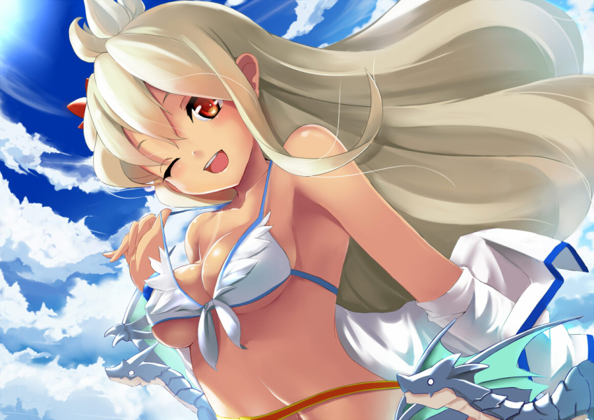 1girl ahoge arms_at_sides bare_arms bare_shoulders bikini bikini_pull breast_lift breasts clothes_down clouds cloudy_sky dragon from_side granblue_fantasy hair_between_eyes looking_at_viewer medium_breasts midriff navel one_eye_closed onikiri open_mouth red_eyes sky swimsuit the_order_grande upper_body white_background white_bikini