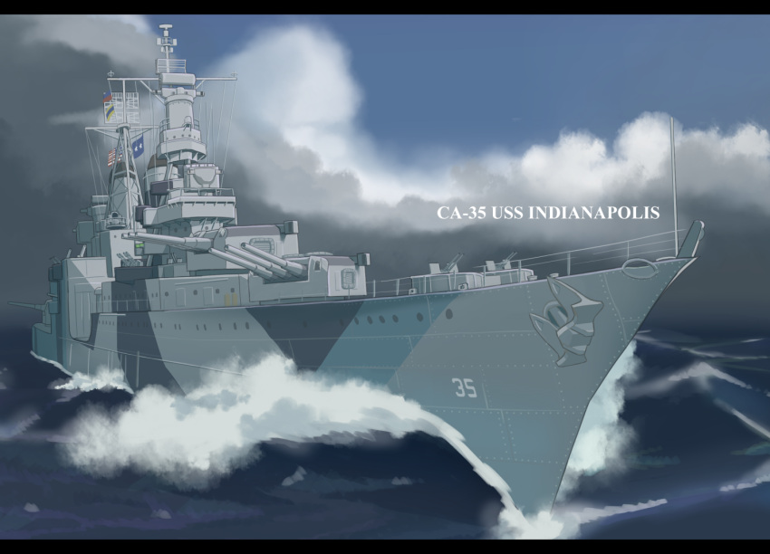 antennae blue_sky cannon clouds cruiser flag letterboxed military military_vehicle no_humans number ocean original outdoors ship shiro_yukimichi signal_flag sky splashing turret uss_indianapolis_(ca-35) warship water watercraft world_of_warships