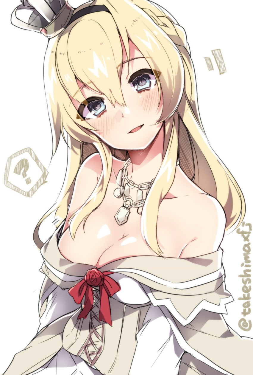 1girl ? bare_shoulders blonde_hair blue_eyes blush breasts cleavage crown head_tilt highres kantai_collection off_shoulder smile solo takeshima_(nia) twitter_username warspite_(kantai_collection) white_background