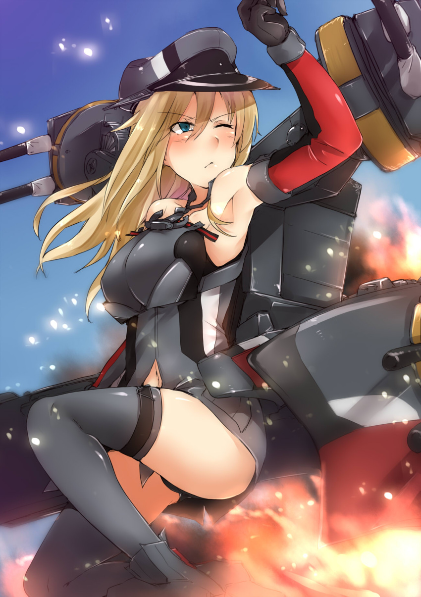 :&lt; armpits ass ayyh bare_shoulders bismarck_(kantai_collection) blonde_hair blue_eyes elbow_gloves explosion gloves highres kantai_collection kneeling long_hair navel one_eye_closed panties thigh-highs turret underwear