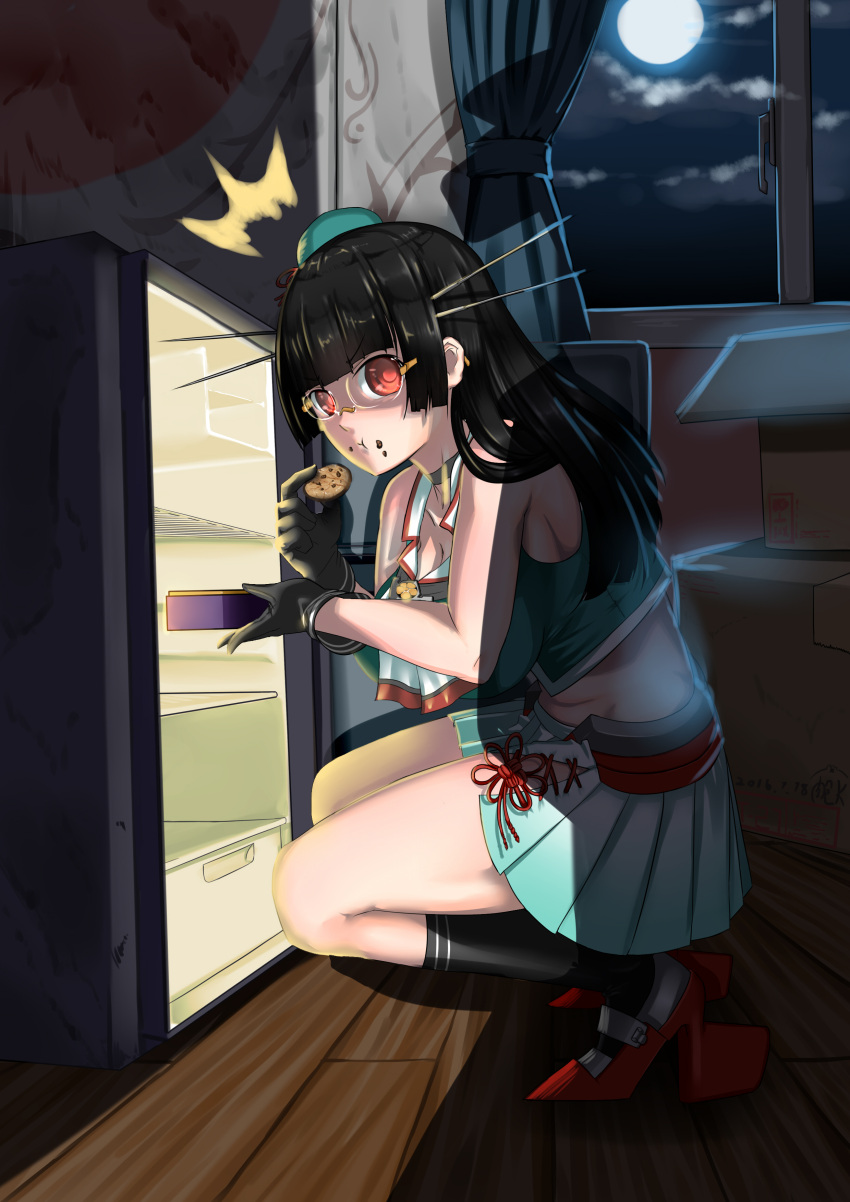 1girl absurdres black_hair breasts caught chewing choukai_(kantai_collection) commentary commentary_request cookie food glasses gloves green_hat hair_ornament hat headgear high_heels highres holding kantai_collection long_hair looking_at_viewer moon night niku_tsutsumi_k red_eyes refrigerator school_uniform serafuku skirt squatting thighs